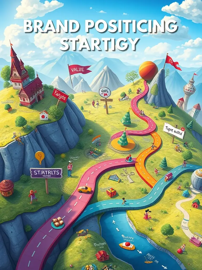 A visual representation of a brand positioning strategy, showing how the brand is perceived in the market relative to its competitors. The image includes elements such as brand values, target audience, and unique selling propositions, illustrating the importance of strategic brand positioning.