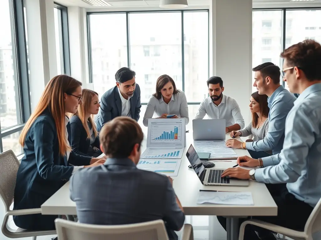 A professional image depicting a team brainstorming and analyzing data, symbolizing a successful advertising strategy implementation for XYZ Corp.