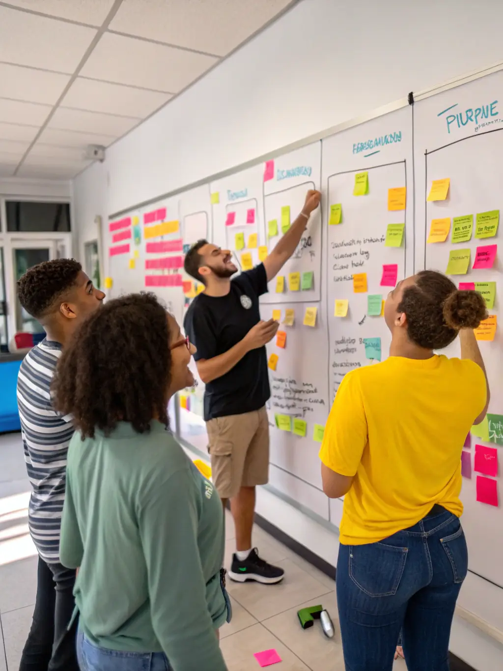 A creative brainstorming session with team members collaborating on a whiteboard filled with brand concepts, sketches, and ideas. The image captures the collaborative and innovative process of developing creative concepts for brand positioning.
