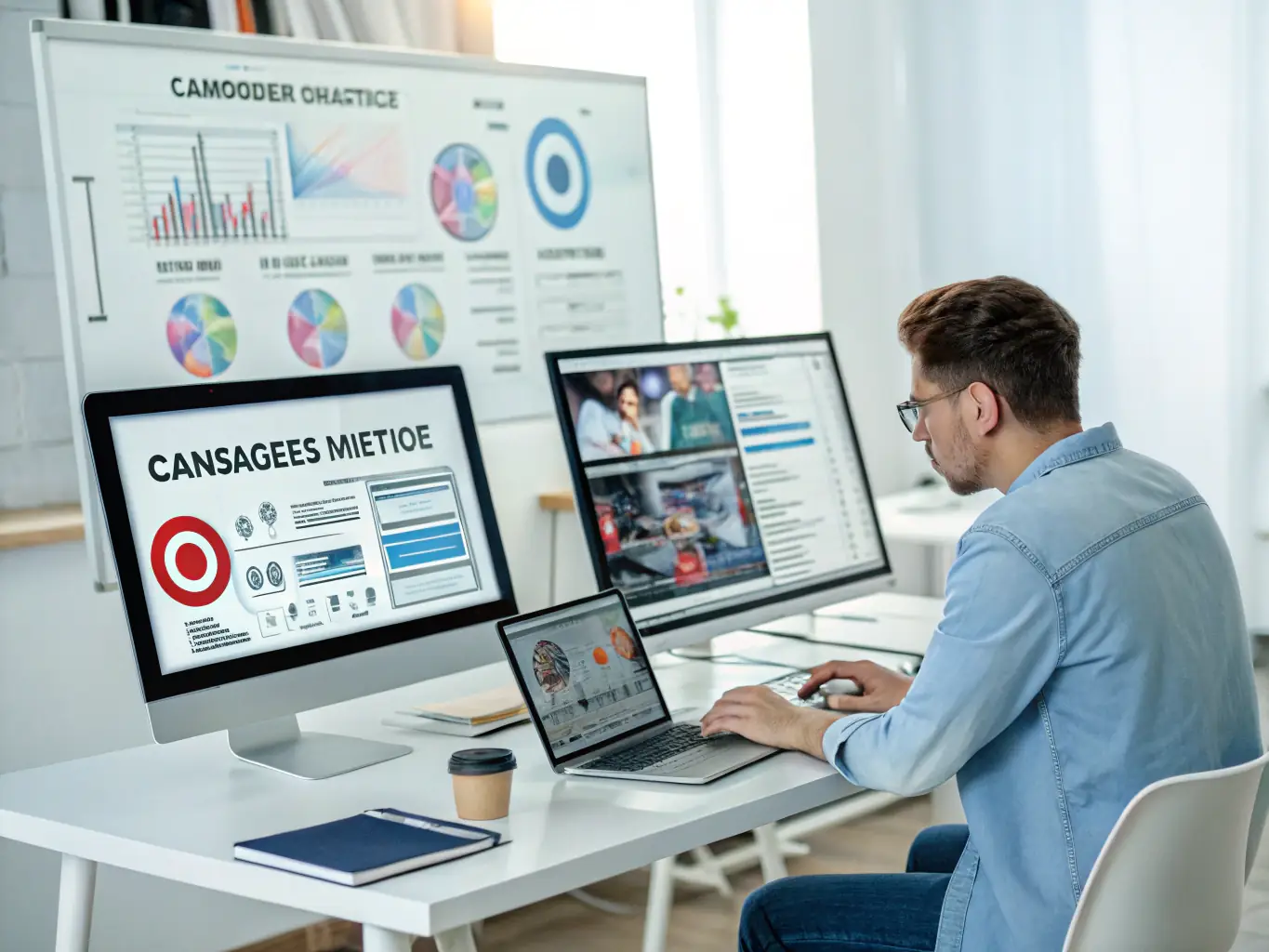 A visually engaging image depicting a person working on a social media advertising campaign, showcasing data analytics and creative ad designs on a computer screen, set in a modern office environment.