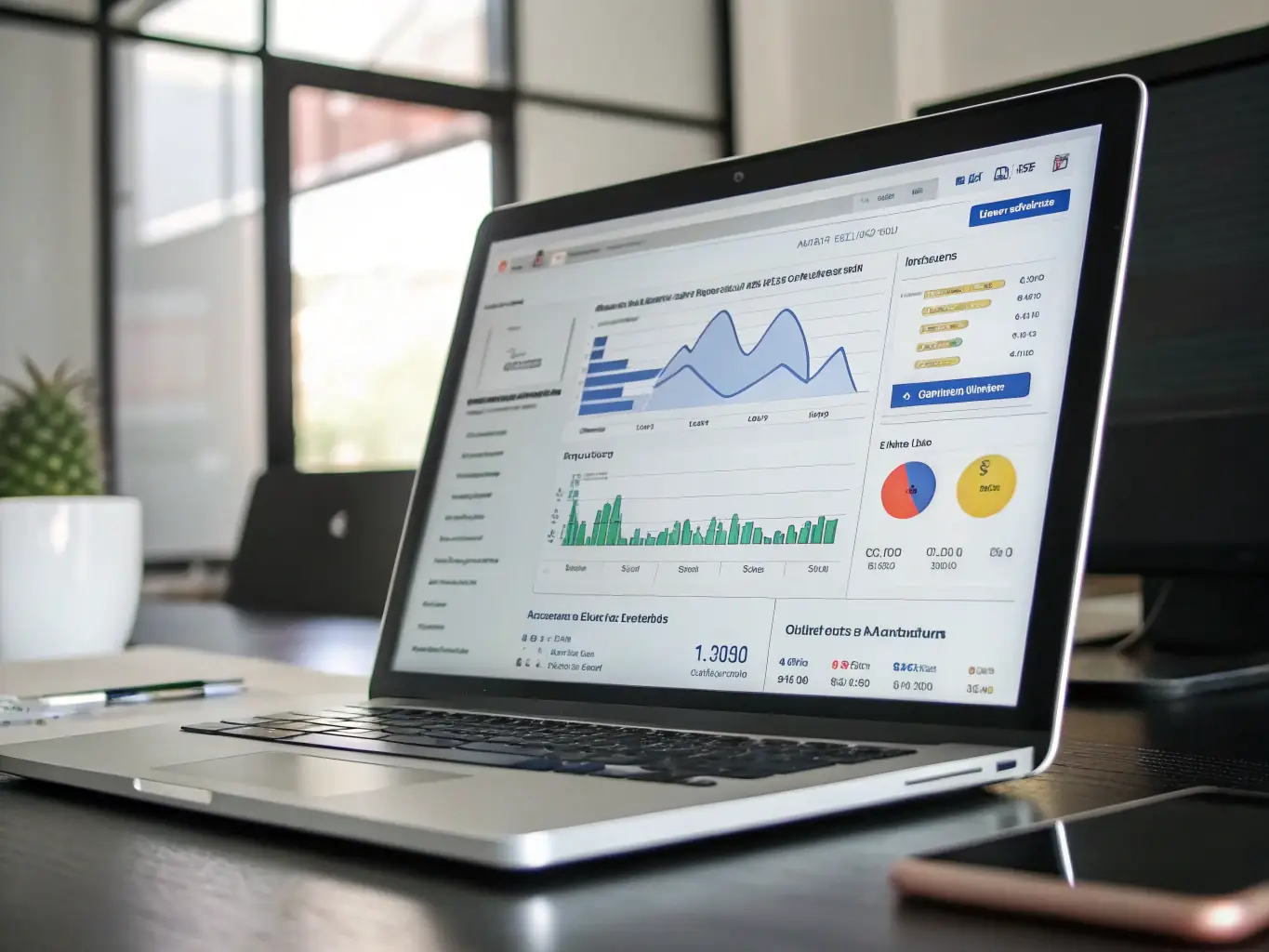An image showing a dashboard with Google Ads performance metrics, highlighting increased click-through rates and reduced cost-per-click, set in a professional office setting.